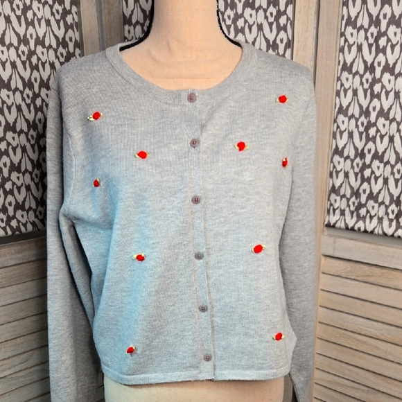 Sweaters - Gray Cardigan Sweater with Red Ribbon Rose Accents